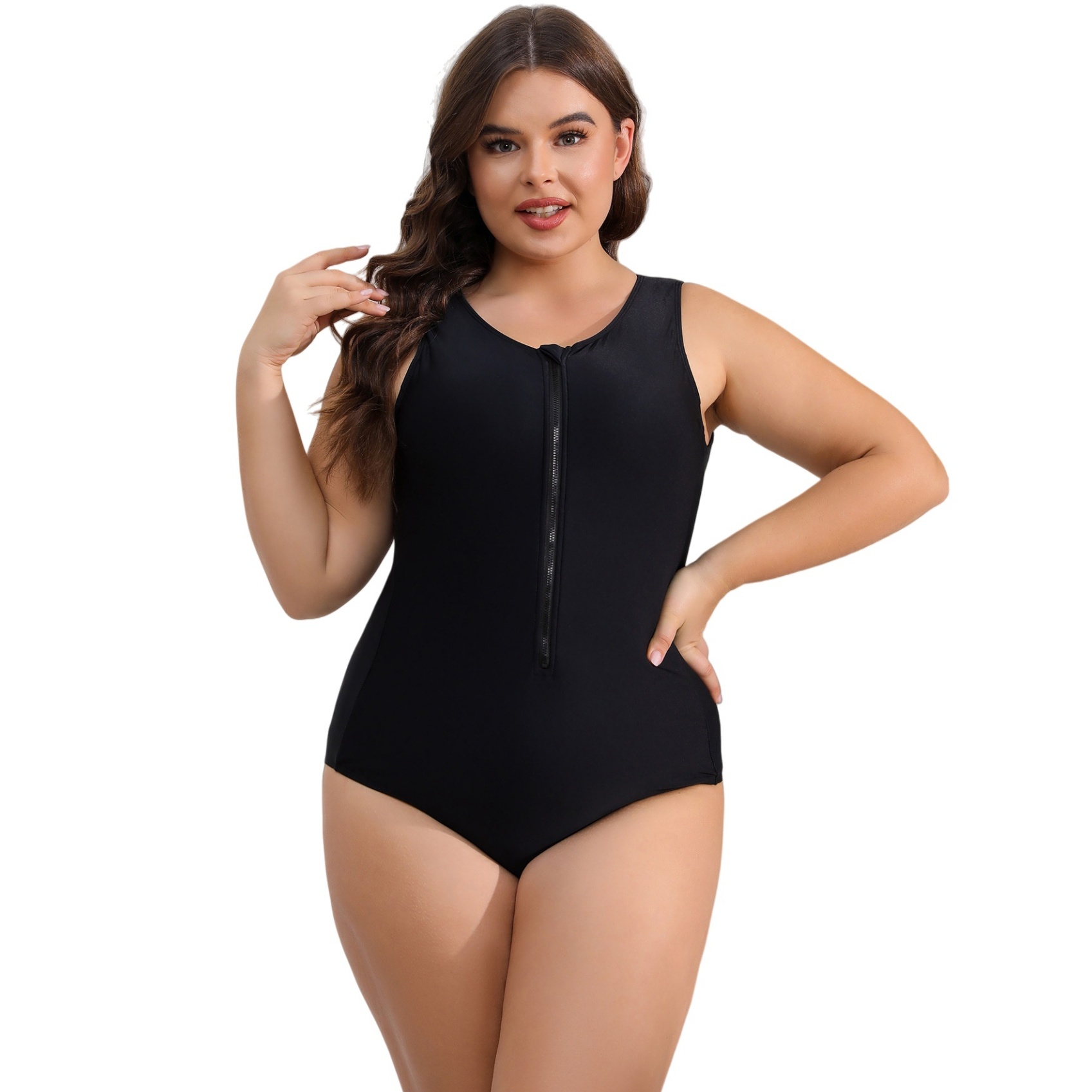 Plus Size Sleeveless One Piece Swimsuit Lady Sexy Front Zip Big Swimwear